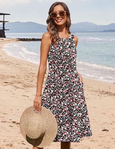 Image of HOTOUCH Summer Casual Dresses for Women Sleeveless Midi Dress Swing Tank Sundress Pleated Tshirt Dress with Pockets