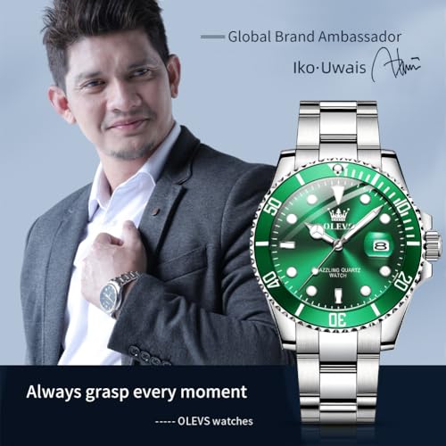 Image of OLEVS Watches for Men Classic with Date Business Dress Luxury Big Face Green /Black /Blue Waterproof Luminous Mens Wrist Watch Analog Two Tone Stainless Steel Men Watch