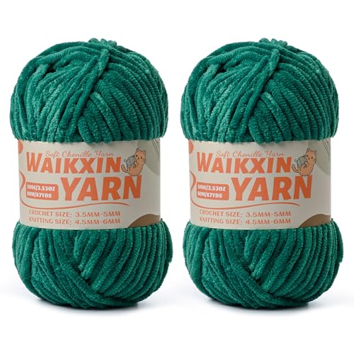 Image of (2 Green) 2 Pack Super Soft Fuzzy Chenille Chunky Yarn for Crocheting, 200g (175yds) Fluffy Velvet Yarn for Hand Knitting Baby Blankets Weaving Craft