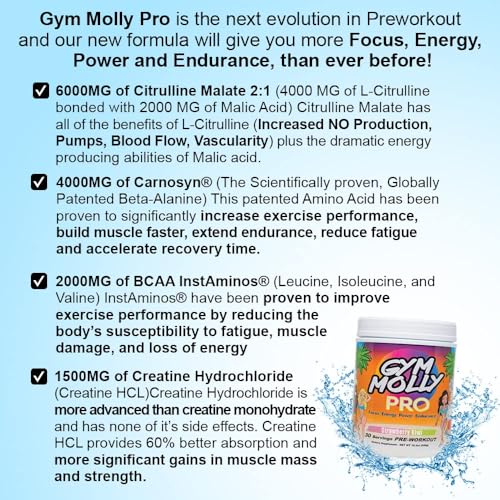 Image of Gym Molly PRO - PreWorkout - 30 Servings - Strawberry Kiwi, 6G Citrulline Malate, 4G Beta-Alanine, 300mg Caffeine from Pure Coffee Plants