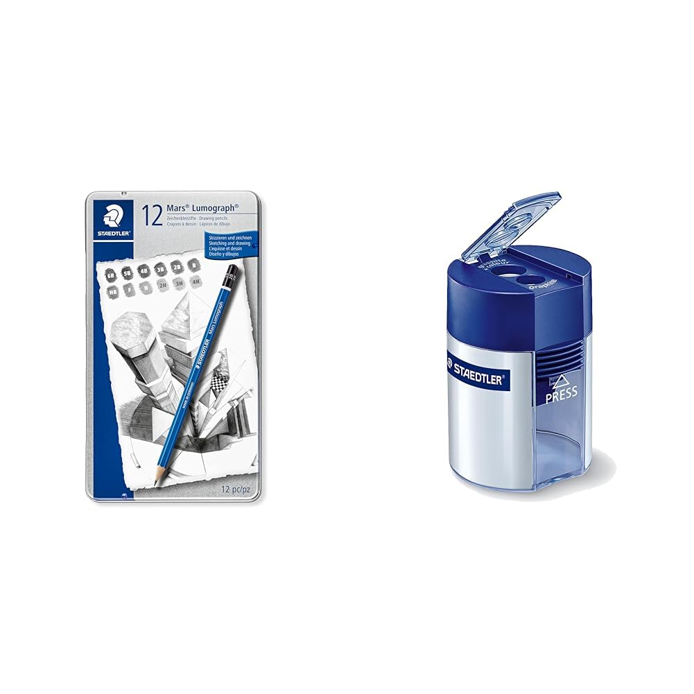 STAEDTLER Mars Lumograph Art Drawing Pencils (Graphite, 12 Pack in Metal Case) with Double Hole Pencil Sharpener