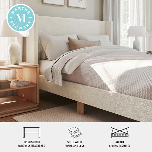 Image of Martha Stewart Maisie Queen Wingback Upholstered Platform Bed, Off-White