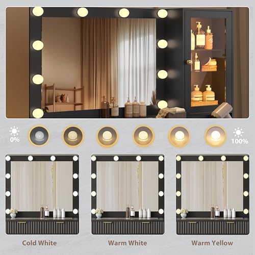 Image of Makeup Vanity Desk with Mirror and Lights, 45 inch Fluted Wood Vanity Desk with Glass Top, 5 Drawers & RGB Glass Cabinet, Power Outlet, Mid Century Modern Dressing Table Set for Women Girls Bedroom