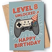 Happy 8th Birthday Card for Boy - Cool 8 Year Old Birthday Card for Son, Grandson, Nephew - Cute Gamer Level 8 Bday Cards for Kids - Age 8 Video Game Themed Greeting Cards for Boys, Gamers - NUM 259