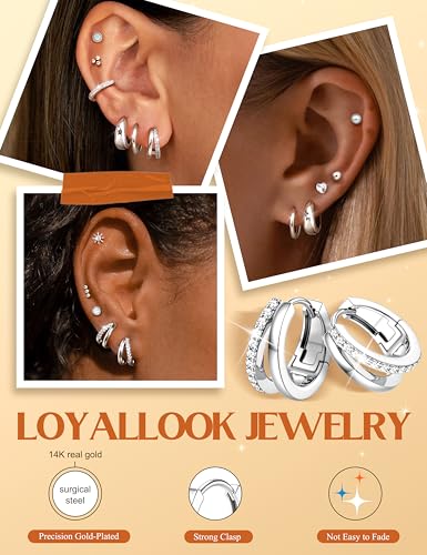 LOYALLOOK Flat Back Earrings for Women Hypoallergenic - Surgical Steel Earrings for Sensitive Ears Small Flatback Stud Hoop Earring Stacks Cartilage Earring Set for Multiple Piercing4