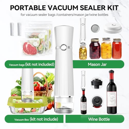 Image of Vacuum Sealer for Food (Compact Vacuum Sealer Machine + 30 Mason Jar Lids), 80kPa Handheld vacuum Sealer, Portable Food Sealer, Cordless & Rechargeable for Meal Prep, Food Storage
