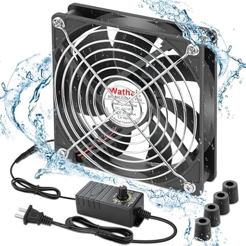Wathai 120mm x 25mm Waterproof Small Box Fan IP67 12V Computer Fan with AC Plug Speed Controller 110v 120v 220v 240v for Biltong Box, Aquarium, Greenhouse Cooling Cover