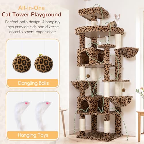 Image of Globlazer Extra Large Leopard Cat Tree 82in Tall Heavy Duty Cat Tree for Indoor Cats Large Adult Big Cat Tower with 8 Scratching Posts, 2 Condos, 2 Padded Perches, 3 Baskets, S82, Leopard Print