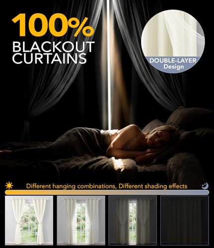 Image of 100% Blackout Curtains with Sheer Overlay, Beige, 52 x 63 inch, 2 Panels | For Bedroom Living Room Window, Room Darkening, Thermal Insulated, Grommet Top, Summer Heat Blocking, Double Layer Design
