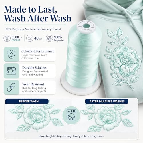 Image of Simthread Embroidery Thread 5000M 40WT Polyester, Light Seafoam S047 | 5000M 40WT polyester thread feeds smoothly for home or commercial embroidery projects.