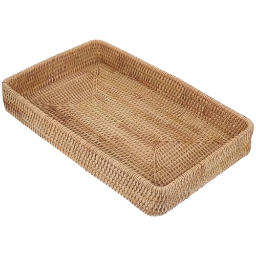 Cabilock Plateau en Rotin Tressé Main Rectangulaire 37 X 23 Cm, Plateau Décoratif Bohème pour Rangement et Service, Bois Naturel, Multifonction pour Table...