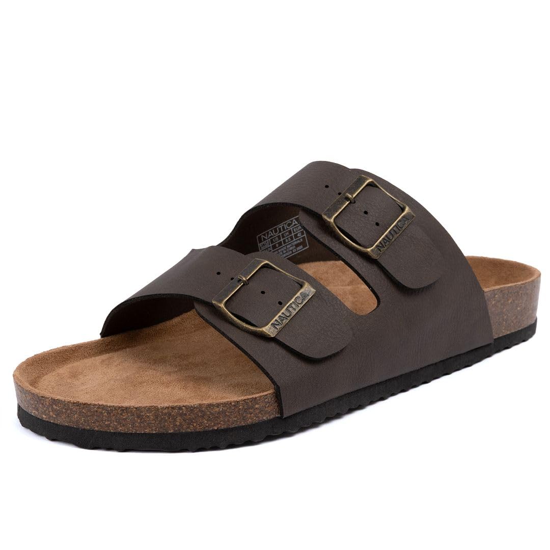 Nautica Men's Sandals - Casual Slides with 2 Adjustable Buckle Straps and Cork Footbed for Ultimate Comfort and Style (Regular/Wide Width, Big Size)