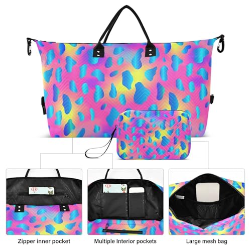 Vibrant Rainbow Leopard Seamless Pattern Travel Duffle Bag,Large Weekender Travel Bag for Women Men Waterproof Luggage Bag with Trolley Sleeve,Airplane Travel Essentials for Flying2