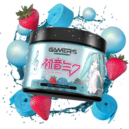 Gamers Only Energy Pulver Hatsune Miku Bubblegum [MIT KOFFEIN & ZERO ZUCKER ] 40 Portionen | Energy Drink Pulver | Erhöht die Konzentration & Reaktionen | 125MG Koffein & L-Tyrosin & Vitaminen