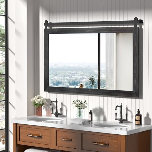 Image of COGOOD Farmhouse Bathroom Mirror - 49 x 30 Rustic Wood Framed Wall Barn Door Mirror for Entryway, Living Room, Entryway Wall Decor (Black)