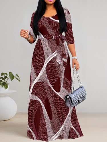 Image of PinkPatty Plus Size Maxi Dress for Women Casual V Neck 3 /4 Sleeve Boho Printed Long Dress with Pockets