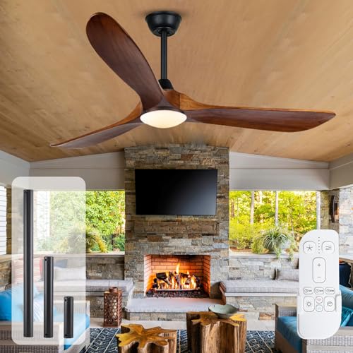 OUENGK Ventilatore Da Soffitto Da Esterno In Legno Da 132 Cm Con Luce, Ventilatore Da Soffitto Rustico Con Telecomando, Ventilatore Da Soffitto Con Motore Cc Reversibile Per Camera Da Letto E Portico