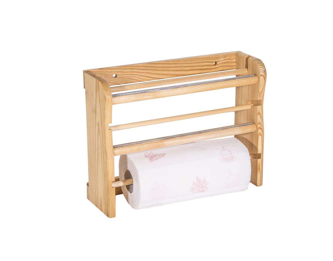 Mensola da Muro Parete Porta Rotolo Carta Scottex Asciugamani Domopack Carta Forno Pellicola Trasparente Dispenser 3in1 con 2 Taglierina Seghetto per Taglio da Cucina in Legno Chiaro