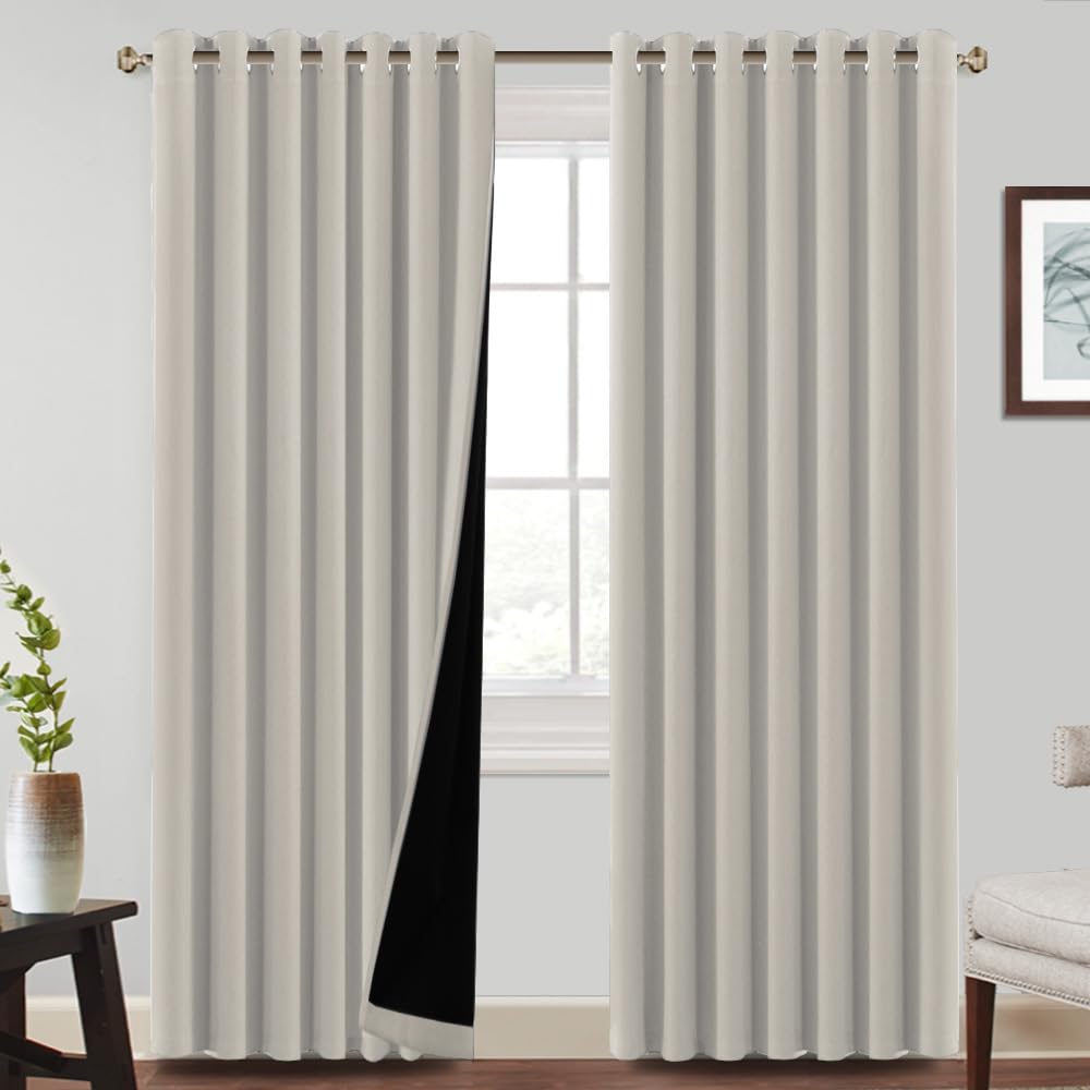 BellaHills 100% Blackout Curtains for Bedroom Thermal Insulated Blackout Curtain Heat and Full Light Blocking Eyelet Curtains for Living Room with Black Liner 2 Panels