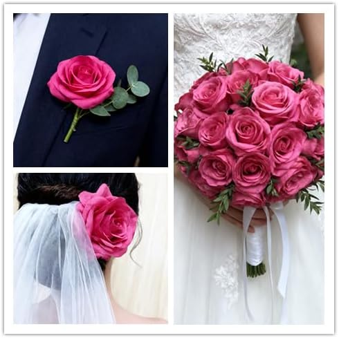 25pcs Hot Pink Silk Rose Belt DIY with Leaves True Touch Rose Box DIY Perfect Wedding Outfit Wedding Party Home Decor - Image 4