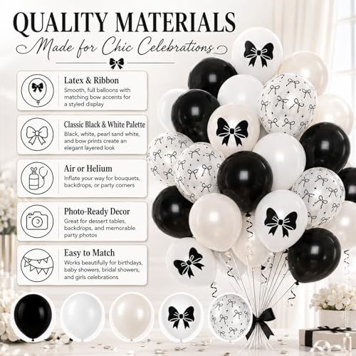 Image of Bow Balloons, 60Pcs Black Bows Balloon, 12 Inch Latex Black and White Bow Printed Balloons with Cute Bows Ribbons for Women Girls Birthday Party Baby Shower Bridal Shower Bow Theme Party Decorations