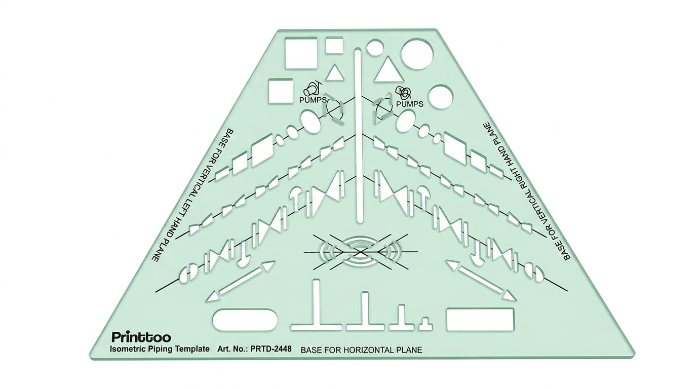 Printtoo Piping Template Stencil, 2mm Thick Clear Green Acrylic Drafting Ruler with Pipe, Pump, Valve & Plane Guides for Engineering, Plumbing, Technical Drawing & Design