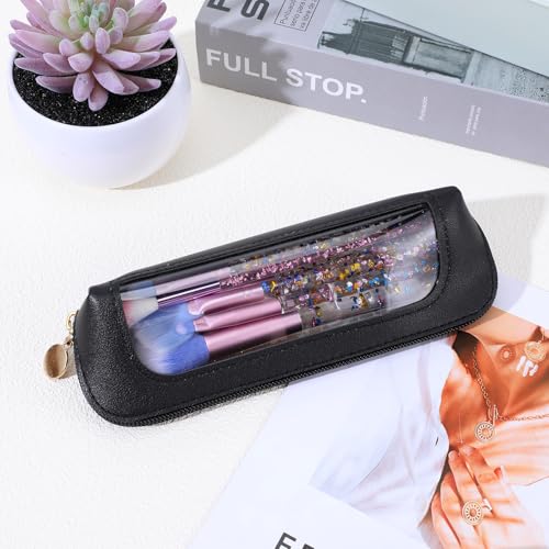 Small Clear Makeup Bag, PU Leather Travel Makeup Brush Case Portable Transparent Waterproof Cosmetic Organizer Pouch with Zipper for Women Home Office Essentials (Black)3