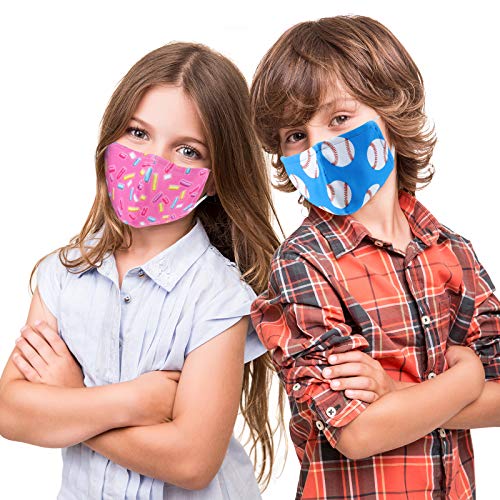 SAVANNAH Kids Washable Cloth Mask Face Coverings Baseball Boy Masks Reusable 3-10 Years Old Toddler Football Sports Protective Adjustable Ear Loops Mask with Filter Pocket (Pack 4)