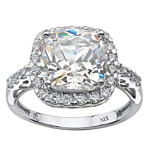 PalmBeach Platinum-plated Sterling Silver Cushion Created White Sapphire Halo Engagement Ring Sizes 6-10 Size 10