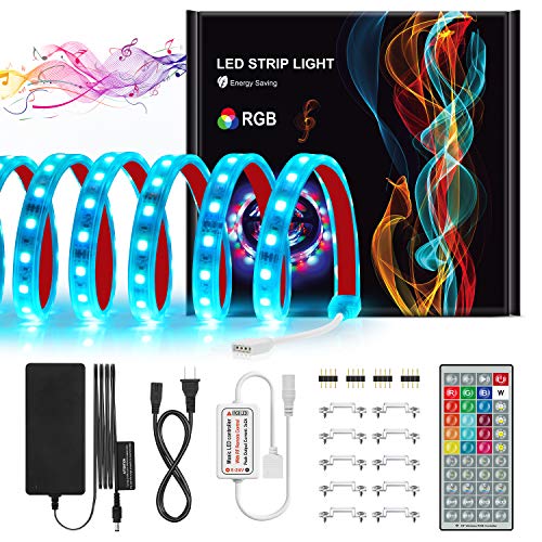JIRVY Led Strip Lights Kit 16.4ft 300 LEDs Sync to Music IP67 Waterproof 44Keys RF Remote 5050 RGB 16 Colors Color Changing Rope Lights for Indoor/Outdoor Living Room Bedroom Decoration