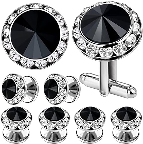 Black Crystal Cufflinks and Tuxedo Studs for Men,Suitable for Dress shirt Suit Jacket Vest Bow tie Fashion Accessories,  Gift for Men or DAD , Formal Business Wedding Anniversary Jewelry ，AMITER