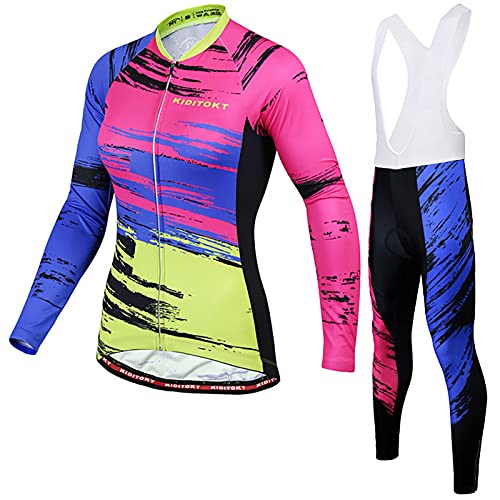 7HAHA3 Maglia da Ciclismo da Donna Traspirante Fleece Thermal Slim Fit MTB Sportswear con Motivo Arcobaleno e Set di Pantaloni con Bretelle,Pink,L(167cm63kg)