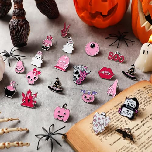 40 Pcs Pink Halloween Enamel Pins Bulk for Backpacks Cute Skull Boo Bat Decorative Brooches Pink and Black Halloween Lapel Pins for Girly Clothes Bags Hat Accessories Gift3