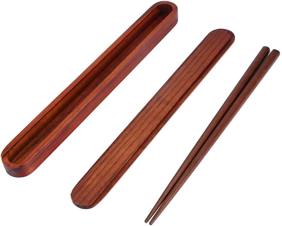 Portable Natural Wooden Chopsticks With Pull Type Chopsticks Box Case Reusable Hard One Pair Wooden Dinnerware With Two Colors for Outdoor Travel Ideal Gift 25CM/9INCH (Deep Color Wood Chocolate)
