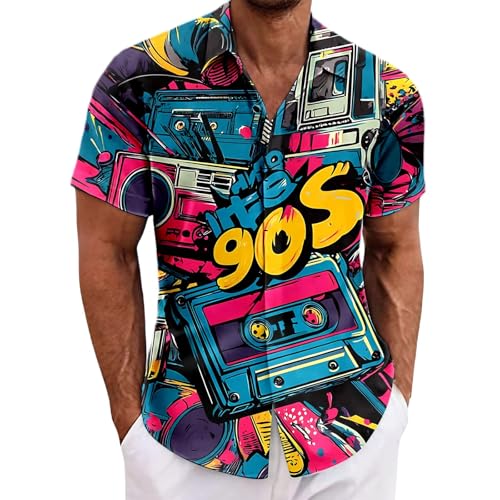 Hawaiihemd Herren Vintage 80er 90er Jahre Hemd LäSsiges Kurzarm Bunt Retro Hemden Männer Disco Party Outfit Neon Geometrisch Bad Taste Bluse Oberteile Regular Fit Faschingskostüm