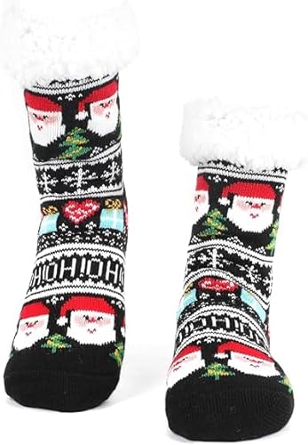 DERAYEE Chaussette de Noel Femme avec Motif Père Noël,Chaussettes Antidérapante Noir,Chaussettes Chaudes Hiver