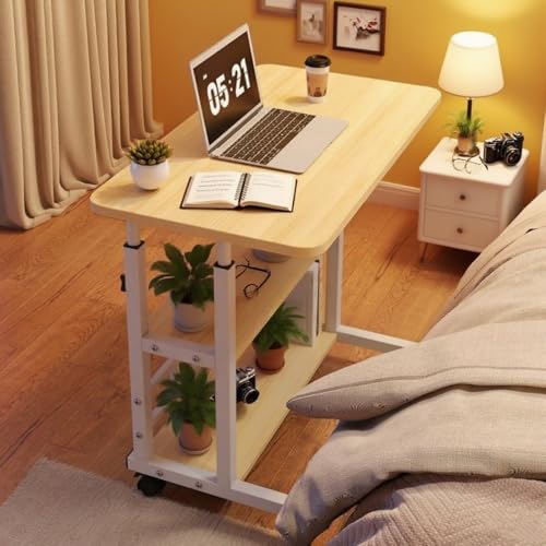 ベッドサイドテーブル キャスター付き グレー 収納 高さ調節 昇降式テーブル(60cm~90cm) 組み立て簡単 ベッドサイドデスク パソコンデスク 机 多機能 小型家具 安定 角が丸い 作業台 家庭用 化粧/学習/仕事テーブル(木色,80*40cm)