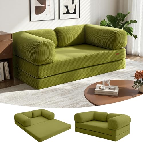 COMAX Folding Sofa Bed Queen, 4-in-1 Convertible Foldable Floor Couch Futon Sofa with Armrests, Sleeper Mattress Fold Out Chair Bed Comfy Portable Lounge Guest for Living Room Bedroom, Light Green