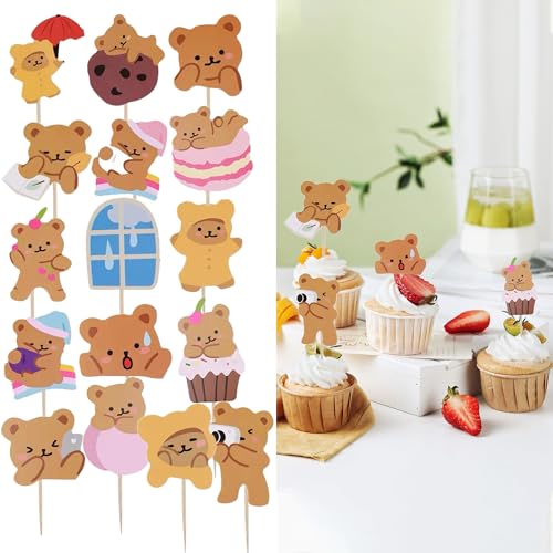 16-Piece Bear Cake Toppers - Cute Paper Bear Decorations for Boys and Girls Birthday Party Cakes