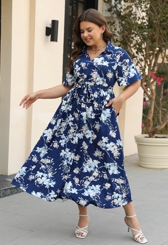 Image of Keluummi Plus Size Wedding Guest Maxi Dresses for Curvy Women, Summer Casual Floral 3 /4 Sleeve Party Wrap Dress with Pockets