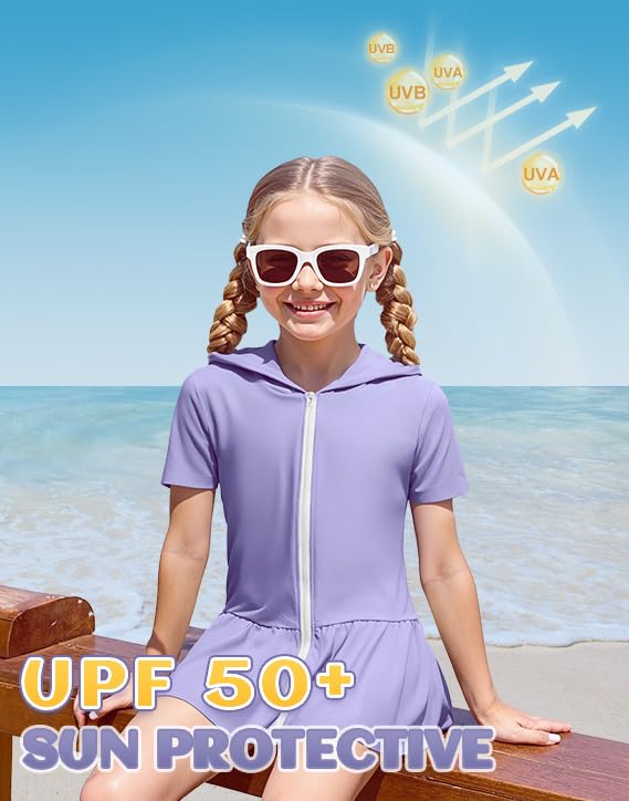 Girls Sun Protective Swim Cover Up Hooded with Full-Length Zipper Short Sleeve UPF 50+ Beach Dress Coverup2