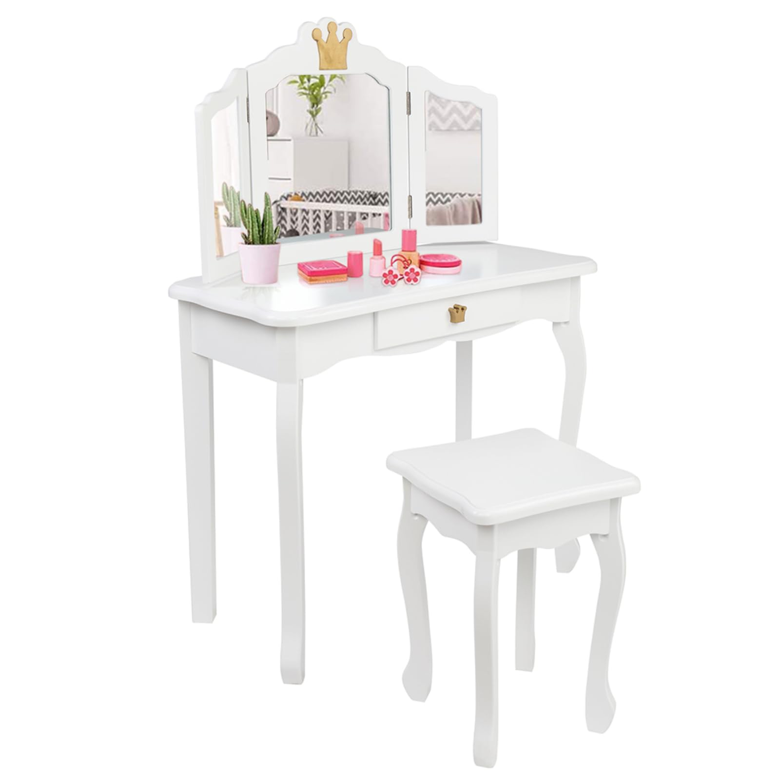 Children's Dressing Table with Stool Dressing Table Children's Dressing Table for Girls Dressing Table with Drawer with Two 180° Folding Mirrors for 3-9 Years (White)