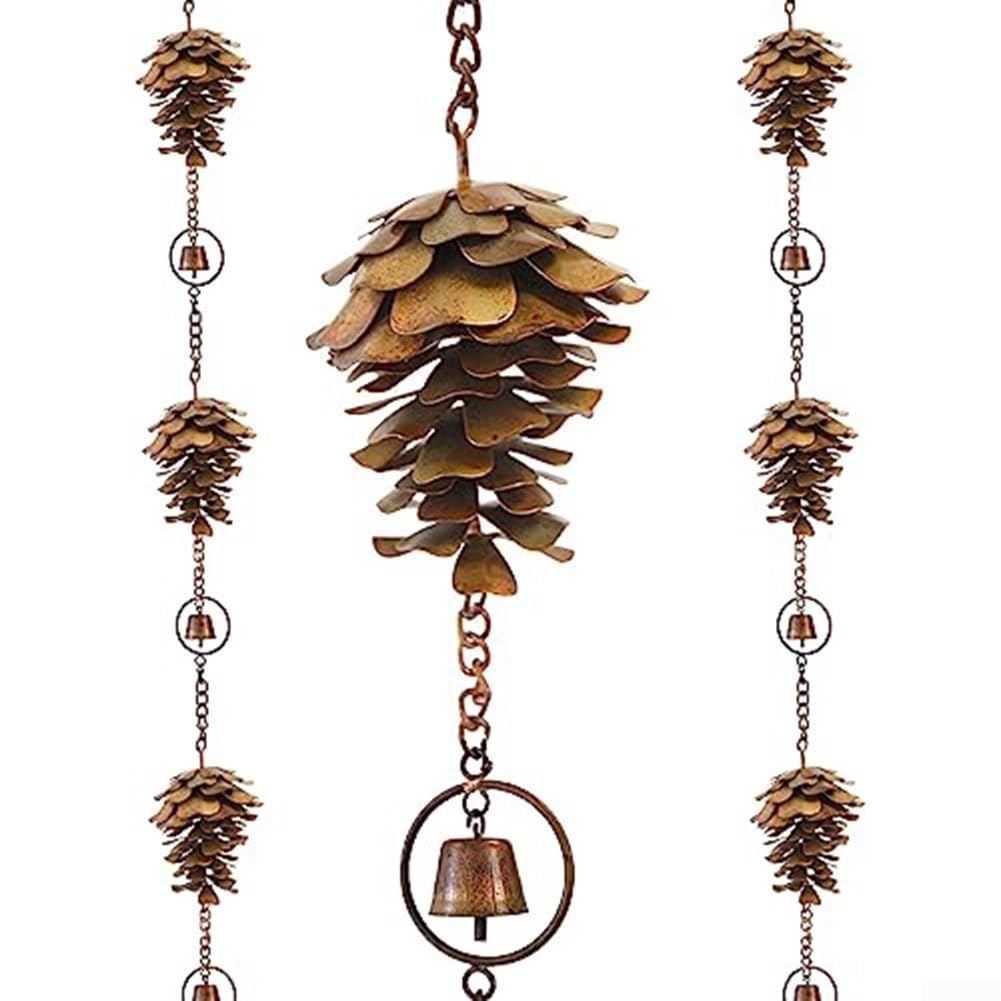 Rain Chain Pine Cone Rain Chain Wind Chime Pine Cone Ornament with Bells Bronze Metal Fall Wind Chimes Pine Cones Decorations Decorative Hanging Garden Decor