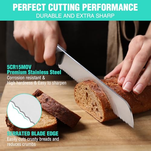 HAUSHOF Bread Knife for Homemade Bread 20 cm, High Carbon Stainless Steel Serrated Kitchen Knife, Full Tang Ergonomically Designed Wooden Handle, Ideal for Slicing Bread, Bagels, Cake - Image 4