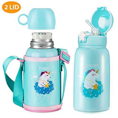Unicorn Water Bottle with Straw for Kids, Cute Toddler Stainless Steel Thermos Cup