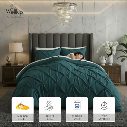 Image of Wellkip Pinch Pleated Duvet Cover Set 1000TC 100% Cotton Premium 3-Pieces 1-Duvet Cover & 2-Pillow Cover Luxury Look Home and Hotel Zipper & 8-Tie Closure (Teal, King 92 X 106 Inch)