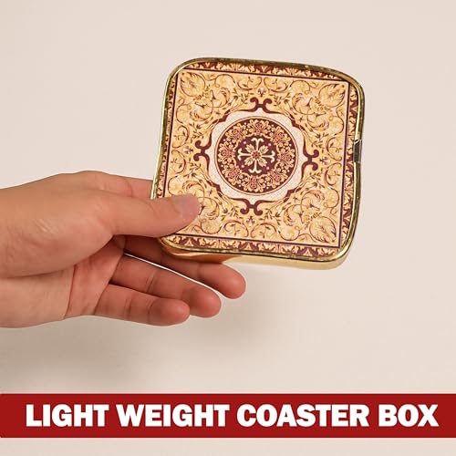 Image of Rousrie Stylist Modern Wooden Coasters with Golden Border | Set of 6 | Stand Included Premium Handmade Coaster for Tea Cups, Coffee Mugs, Beer Mugs, 10 by 10 cm (Vintage Pattern)