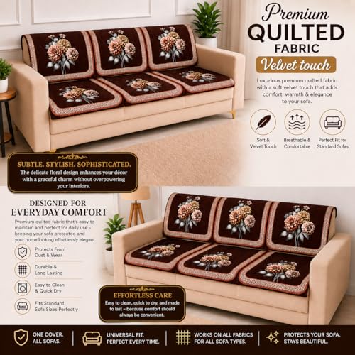 Image of Homerz 'Brooklyn Series' Premium Sofa Cover | Quilted Floral Design | Non-Slip Washable Sofa Protector | Soft Anti Slip Fabric (Brown, 6 (3+2+1) Seater, Seat Cover with Backrest)
