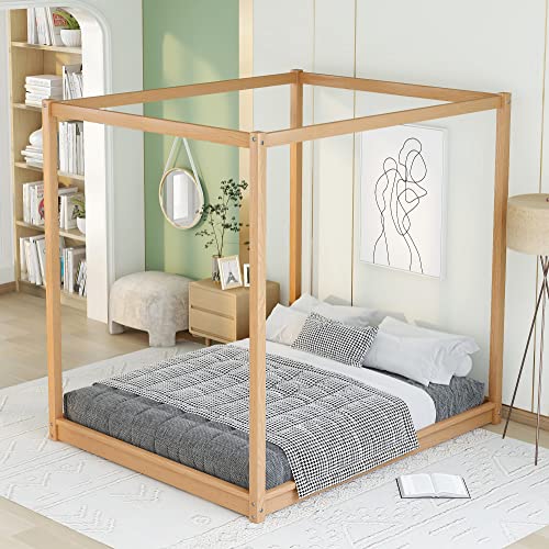 Merax Queen Size Canopy Platform Bed with Support Legs, Queen Platform Bed Canopy Bed, Natural