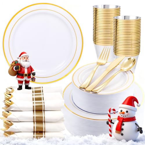 WDF Partyware 350Piece Gold Dinnerware Set for 50 Guests - Gold Plastic Plates with Disposable Cutlery Include:50Dinner Plates-50Dessert Plates-50Pre Rolled Napkins with Silverware for Christmas WDF Partyware 350Piece Gold Dinnerware Set for 50 Guests - Gold Plastic Plates with Disposable Cutlery Include:50Dinner Plates-50Dessert Plates-50Pre Rolled Napkins with Silverware for Christmas